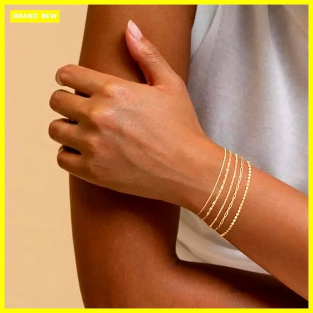 14K Gold Plated Dainty Chain Bracelet Set Adjustable Fit